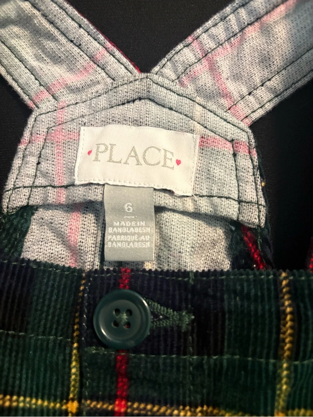 The Children's Place Dark Green Plaid Corduroy Button-Front Pinafore Dress